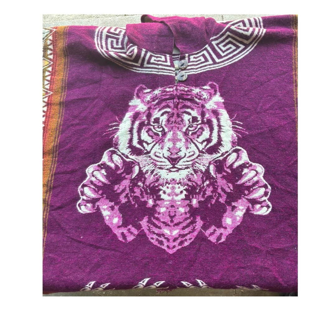 Boho Unisex Unbranded Hooded Tiger Graphic Poncho One Size Purple